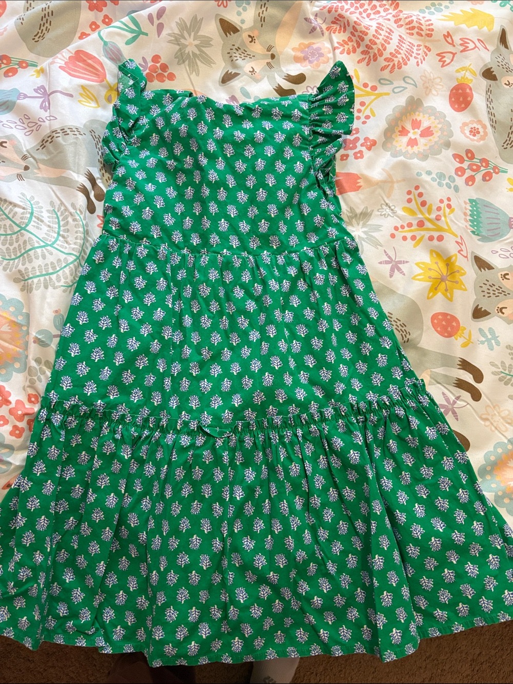 Crewcuts Green Floral Tiered Cap-Sleeve Dress
